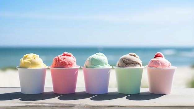 arreglo de helados con fondo de playa